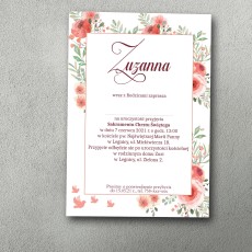 Zaproszenie na chrzest z kwiecistą ramką wypełnioną makami.