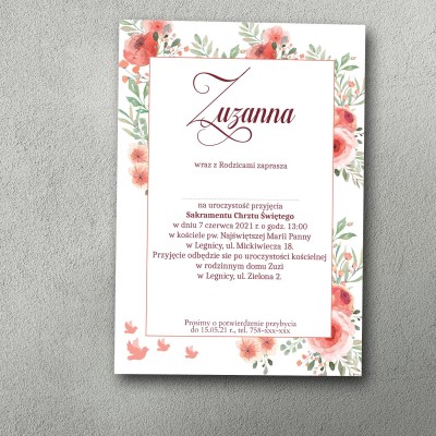 Zaproszenie na chrzest z kwiecistą ramką wypełnioną makami.
