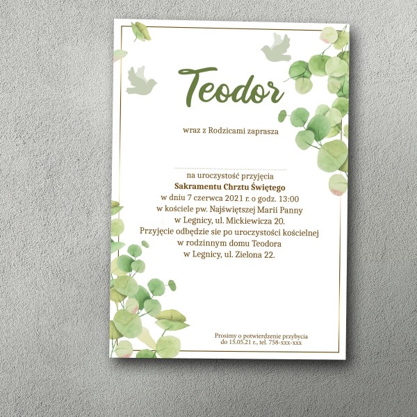Zaproszenie na chrzest z personalizowane, z grafiką akwarelowych liści.