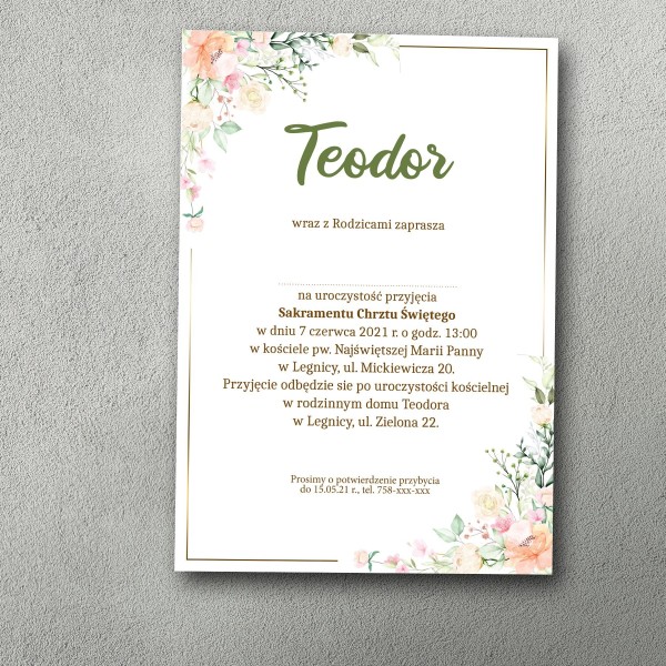 Zaproszenie na chrzest z akwarelowym kwietnym bukietem w rogach, jednostronne.