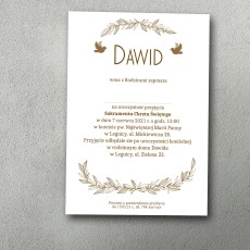 Zaproszenie na chrzest z jednokolorowym, brązowym wzorem.