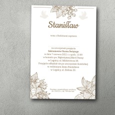 Zaproszenie chrzestne z kwiatowym wzorem, brązowe, kolory sepii.