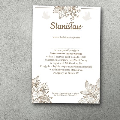 Zaproszenie chrzestne z kwiatowym wzorem, brązowe, kolory sepii.