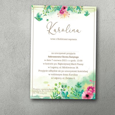 Zaproszenie chrzestne z kwiatowym wzorem, jednostronne, dla dziewczynki.