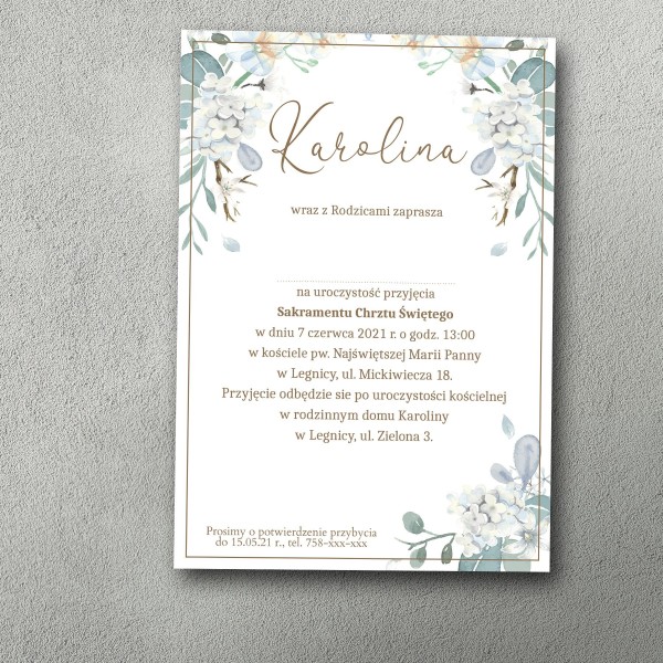 Zaproszenie na chrzest w delikatnej tonacji kolorystycznej. Lekkie i zwiewne.