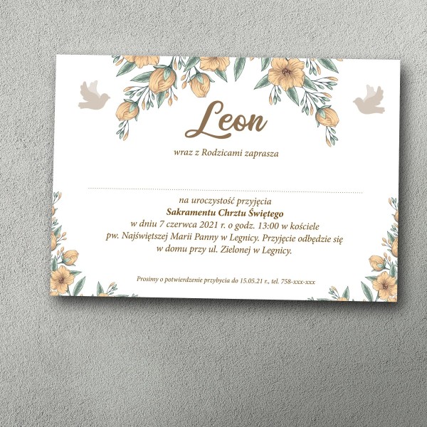 Zaproszenie na chrzest w jesiennych kwiatach, kolorach. Jednostronne.