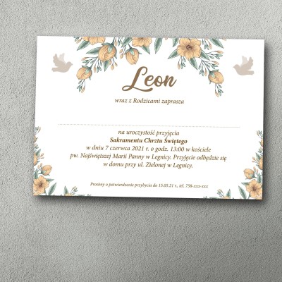 Zaproszenie na chrzest w jesiennych kwiatach, kolorach. Jednostronne.