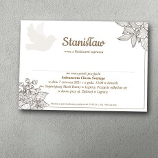 Zaproszenie na chrzest z jednokolorowym szkicem kwiatów i gołąbkiem na tle.